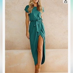 Casual Short Sleeve Slit Solid Party Summer Long Maxi Dress